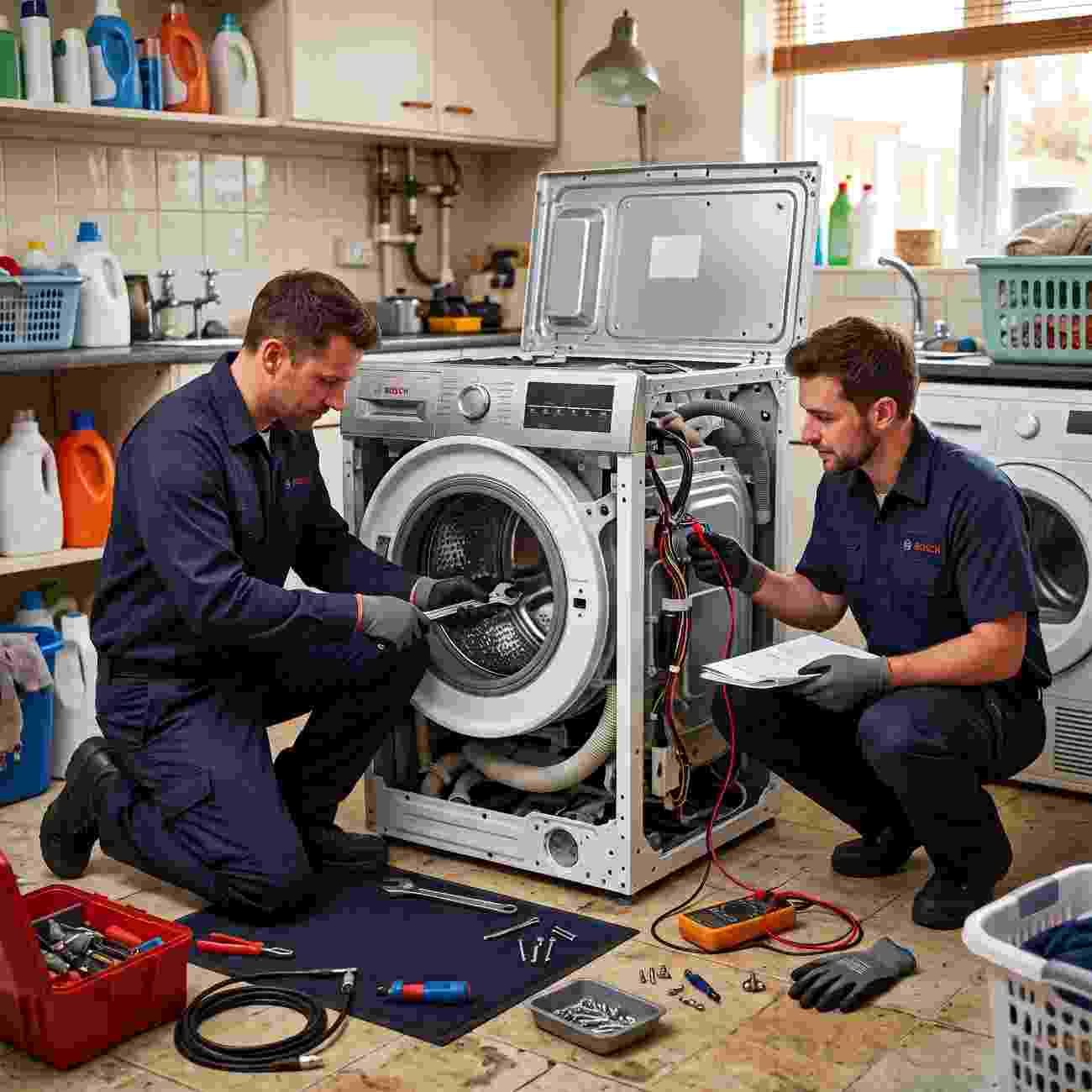 Technicians diagnosing a fault inside a Bosch washing machine