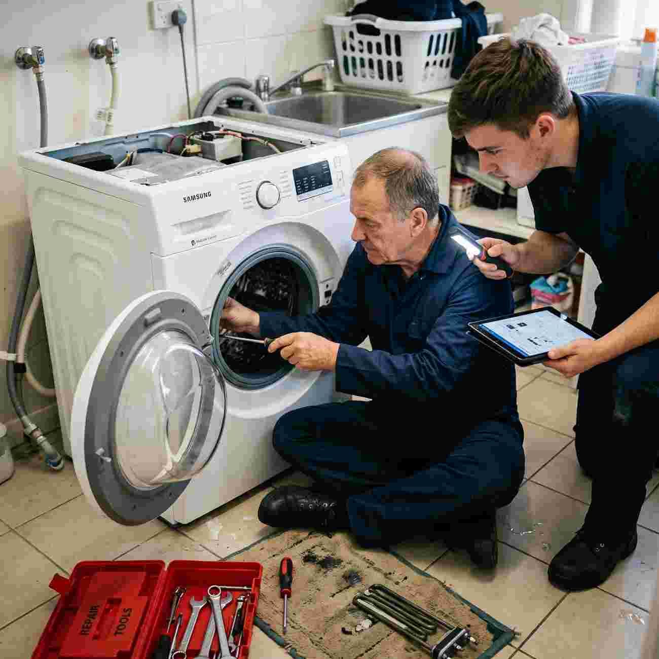 Technicians repairing a front-load washing machine