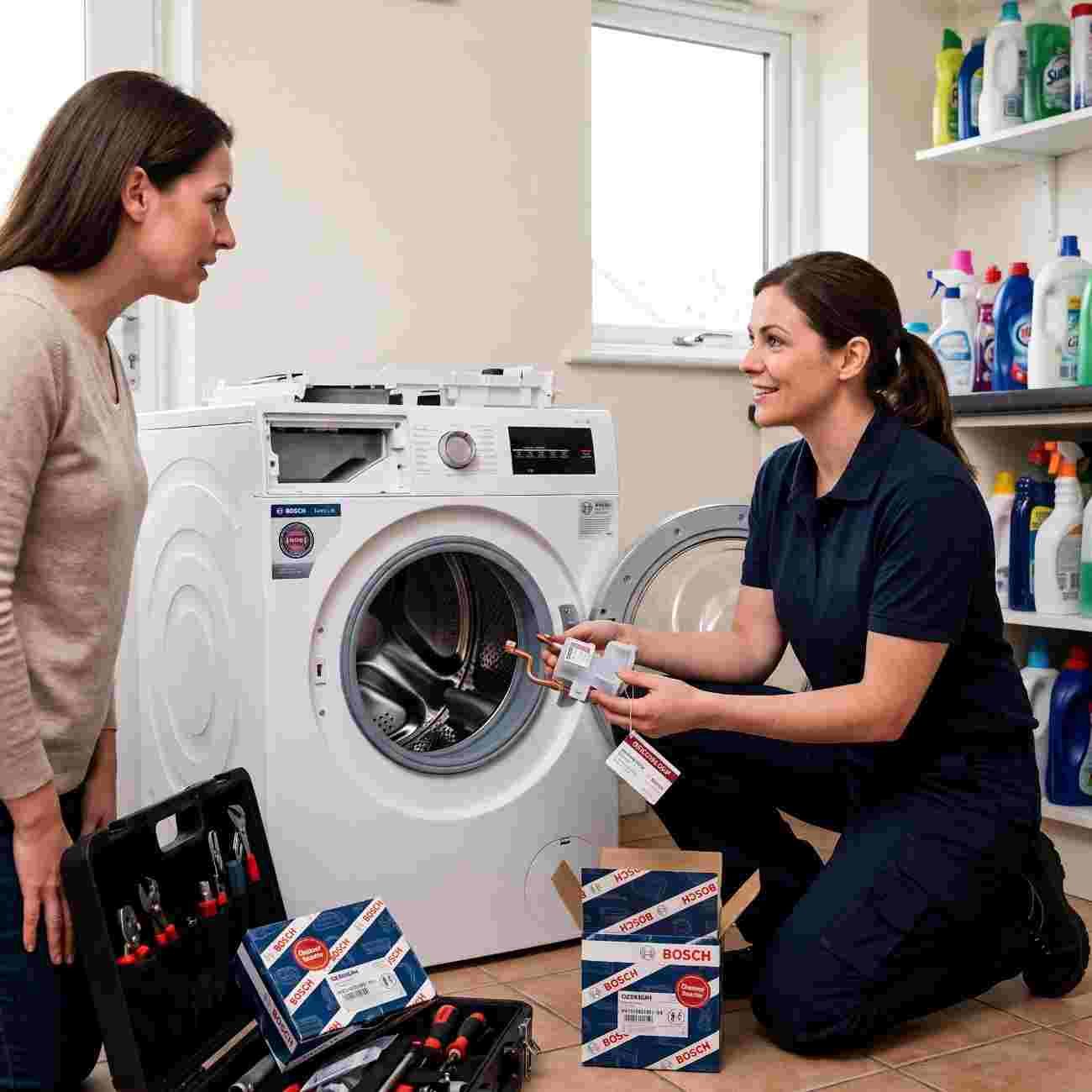 Technician fitting genuine Bosch replacement parts to a washing machine