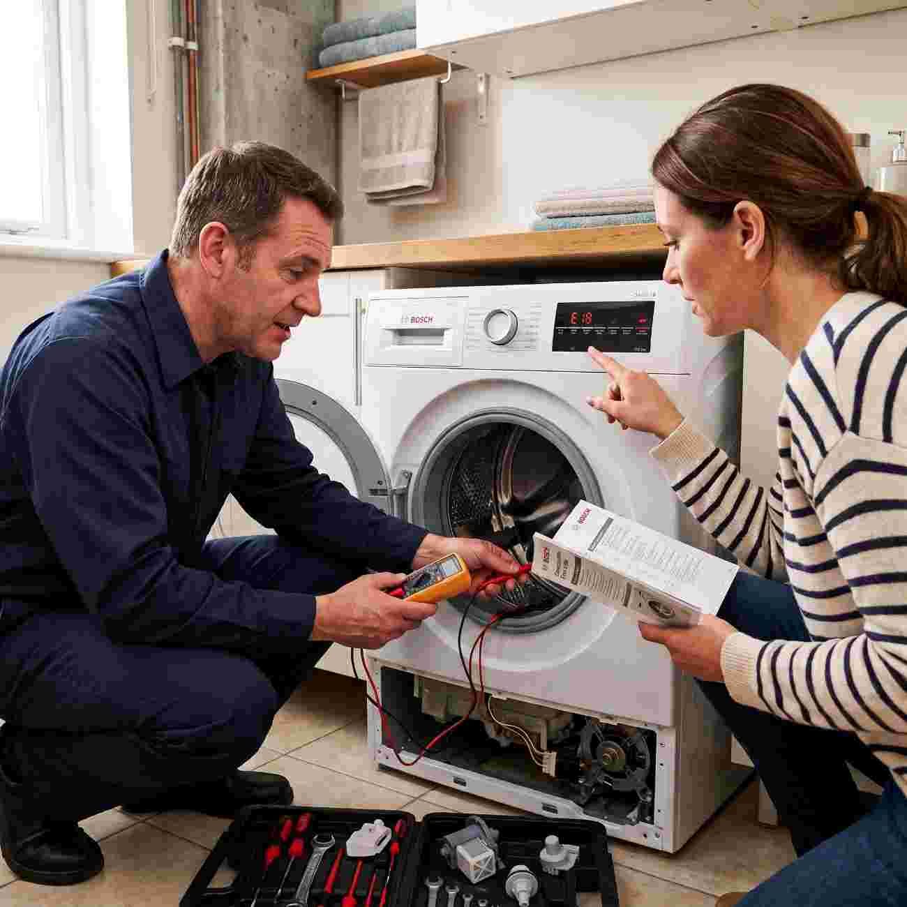 Technician showing a customer a Bosch washing machine error code