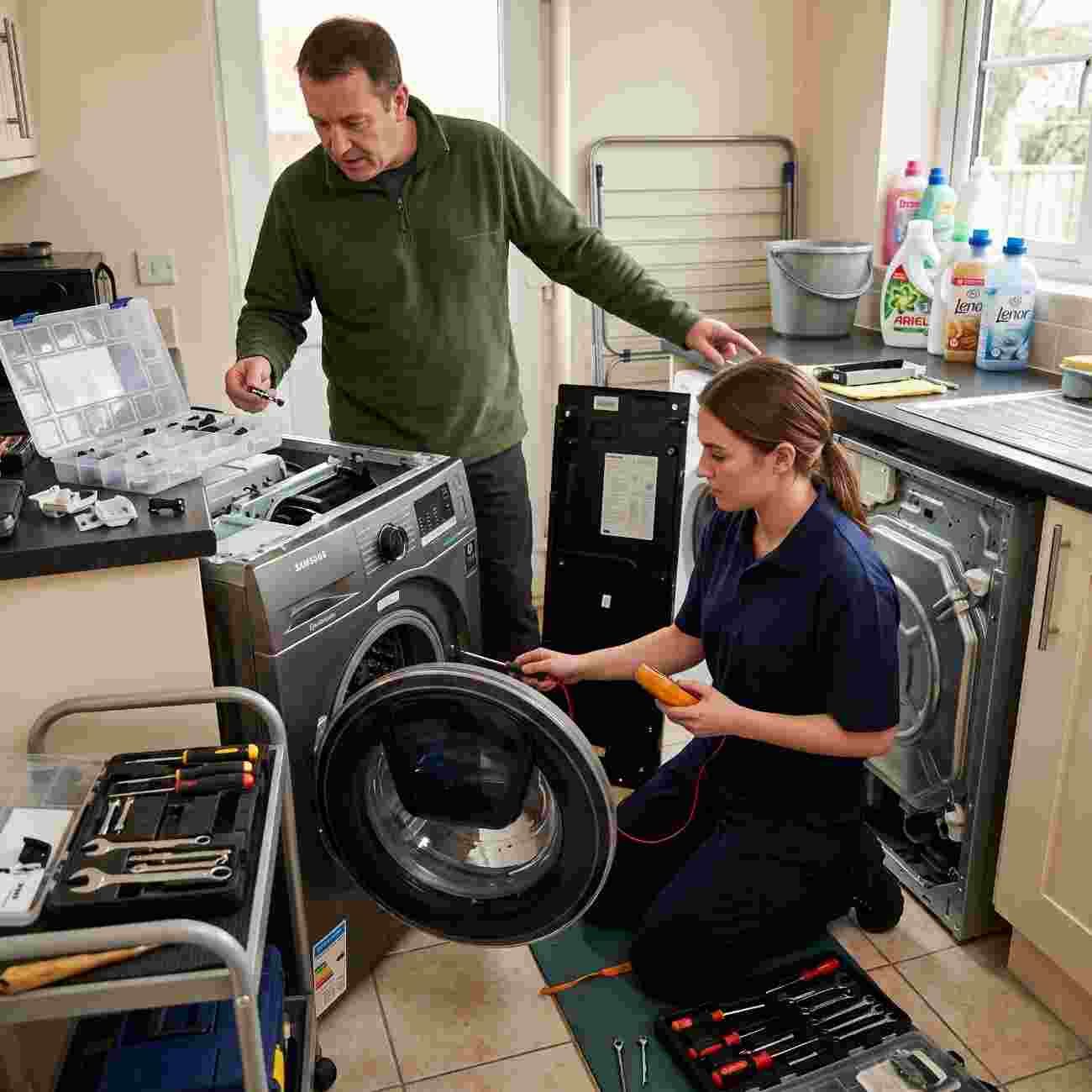 Technicians repairing a Bosch washer-dryer combination appliance