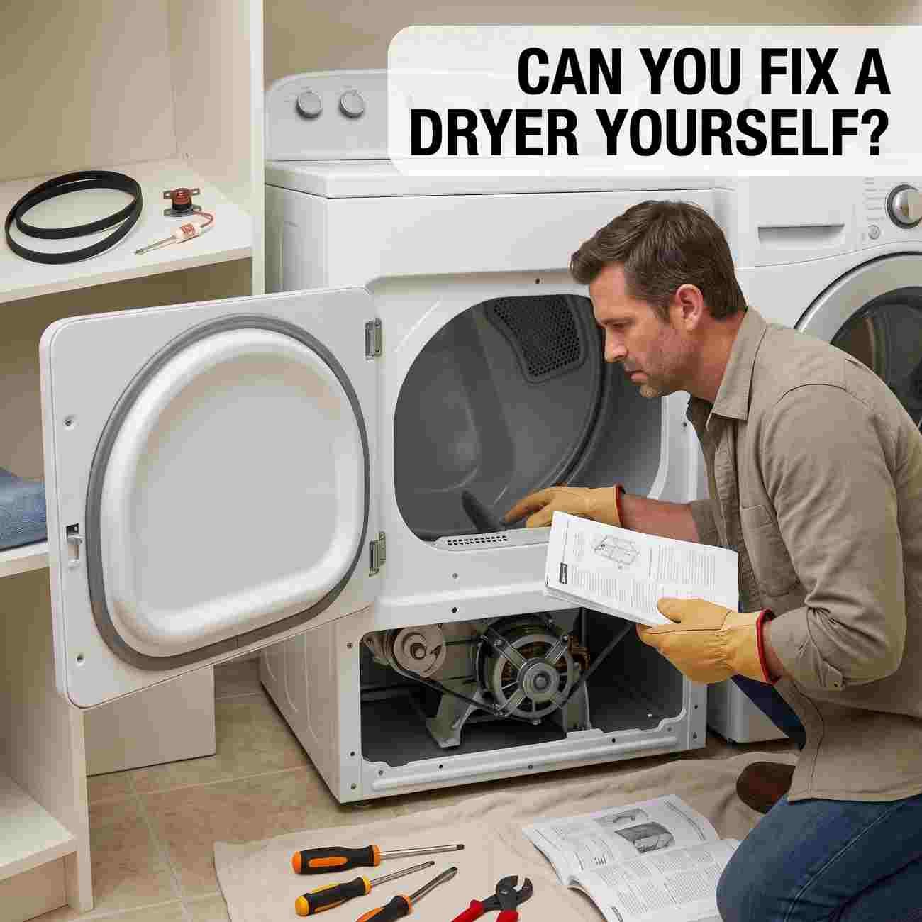 Technician checking a dryer's internal components with a repair manual
