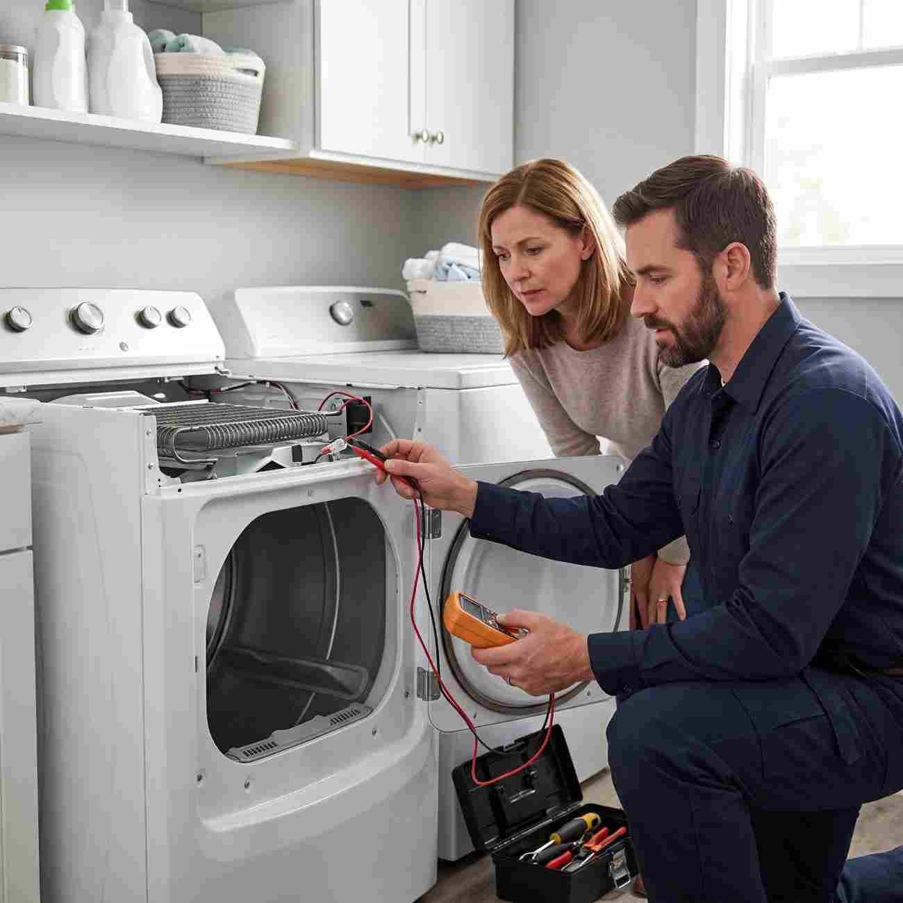 Technician diagnosing a dryer fault with a multimeter while the customer looks on