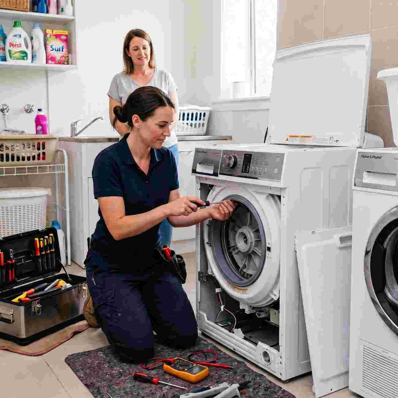 Sydney Appliance Services technician independently repairing a Fisher & Paykel washing machine for a customer