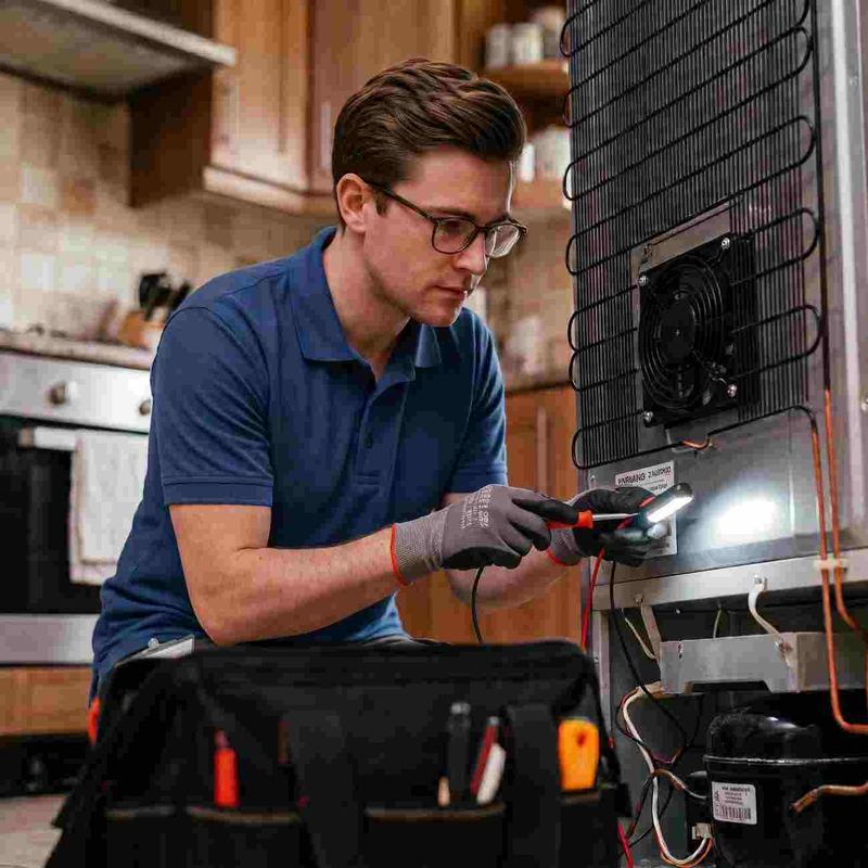 Technician diagnosing a fridge that is not cooling