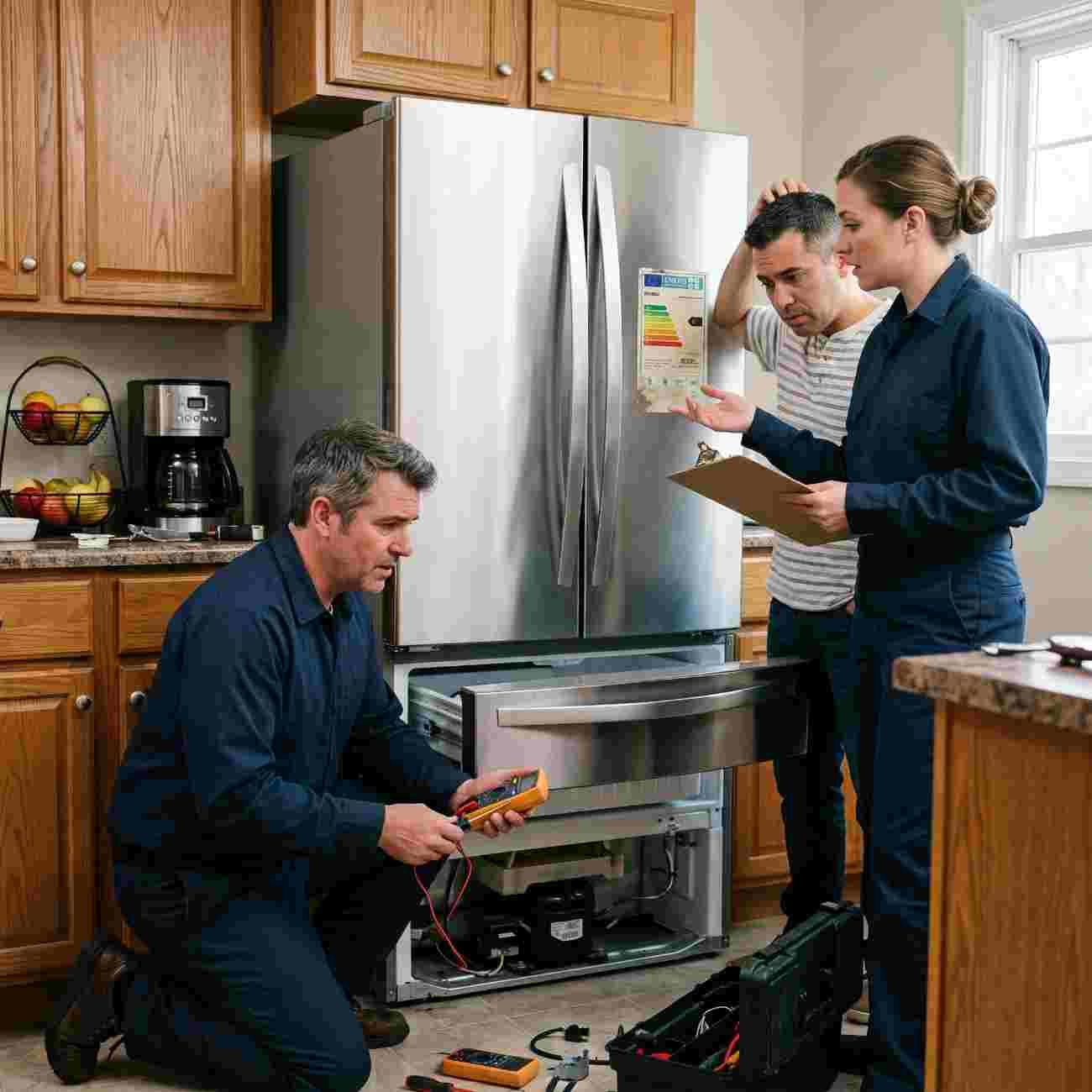 Technician assessing whether a Samsung fridge is worth repairing