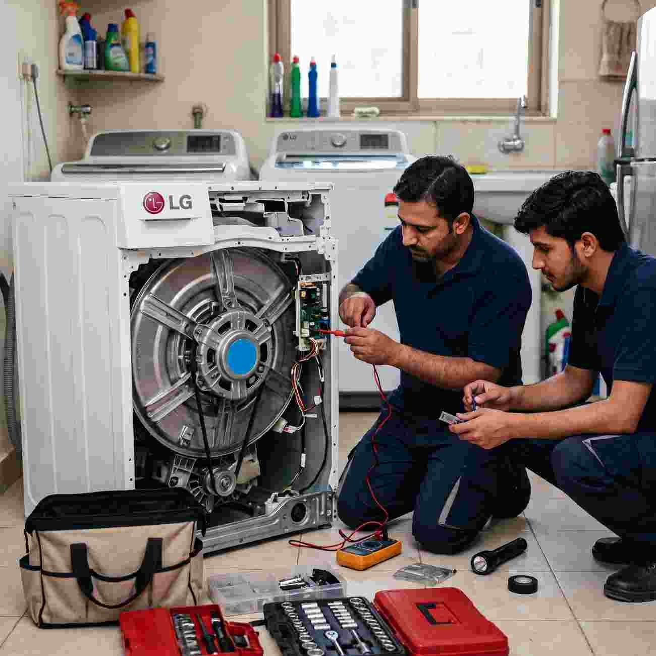 Sydney Appliance Services technicians diagnosing an LG Direct Drive washing machine's motor and control board