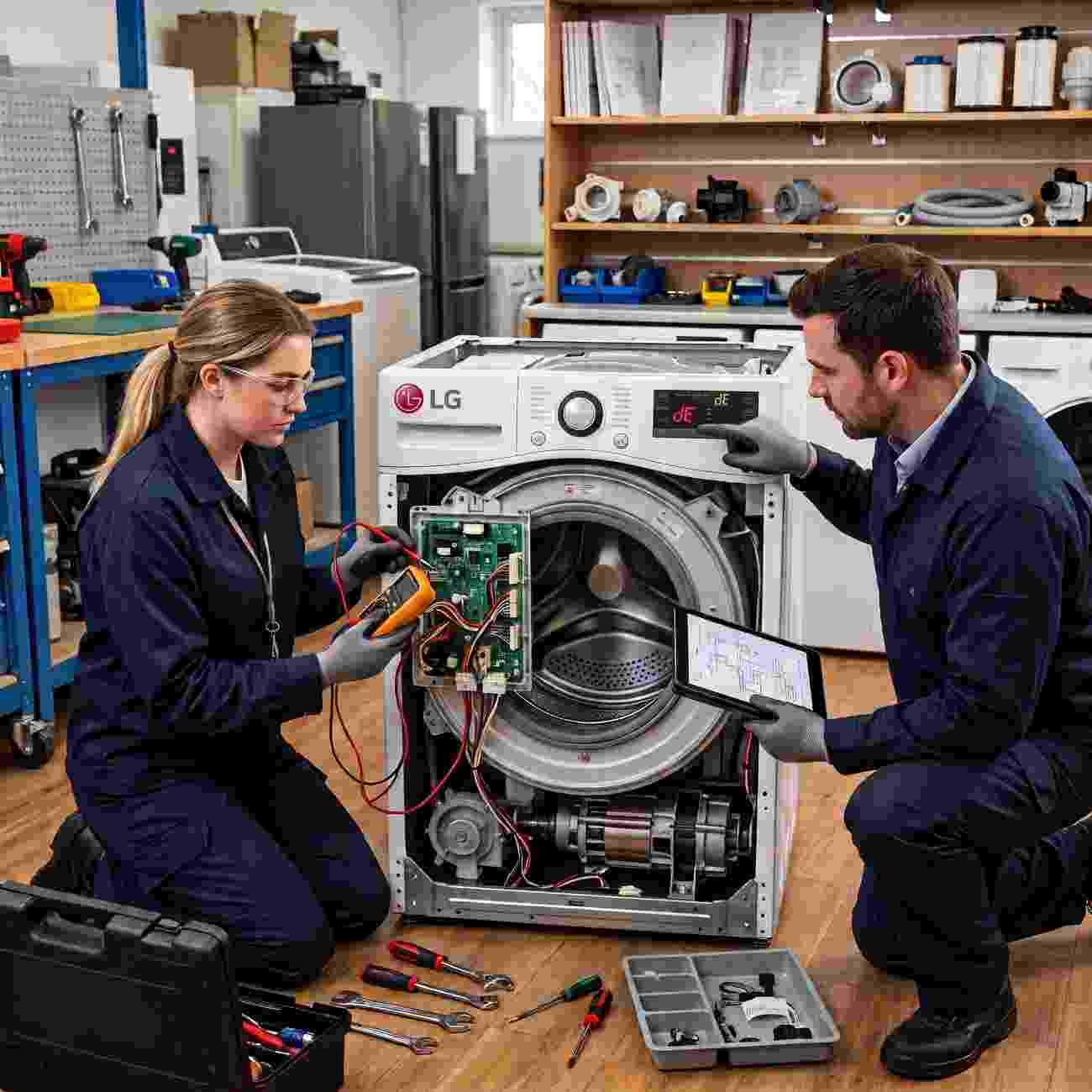 Sydney Appliance Services technicians diagnosing an LG washing machine fault with a multimeter and diagnostic tablet