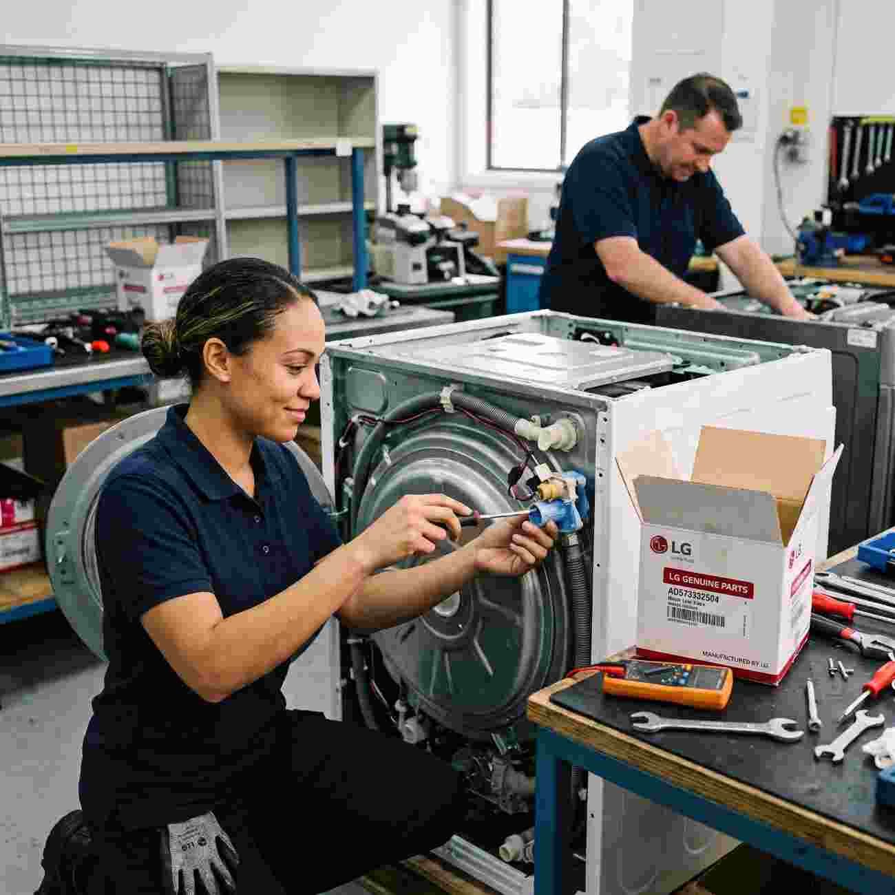 Sydney Appliance Services technician fitting a genuine LG replacement part into a washing machine
