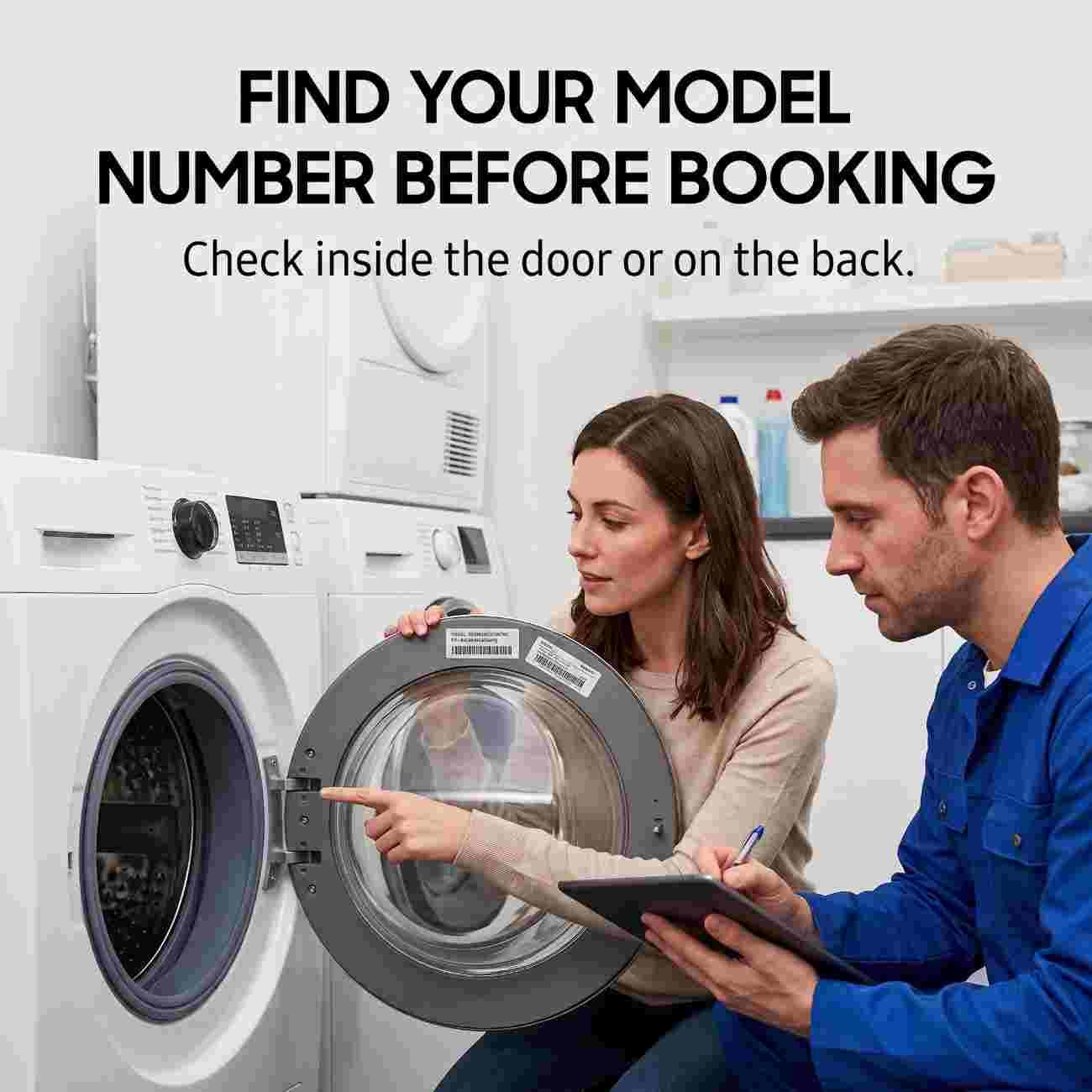 Technicians checking the model number label inside a washing machine door