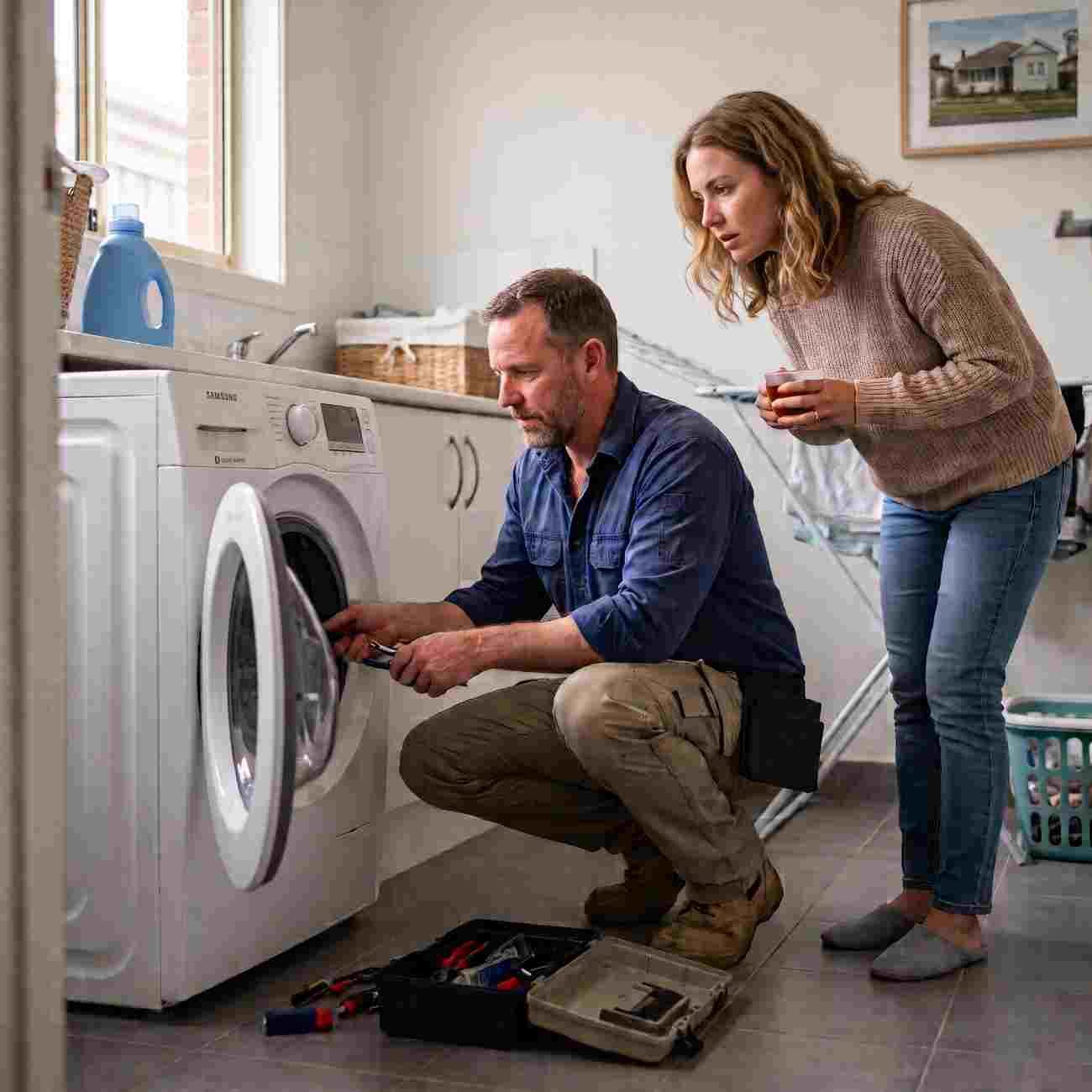 Technician repairing a Bosch washing machine while the customer looks on