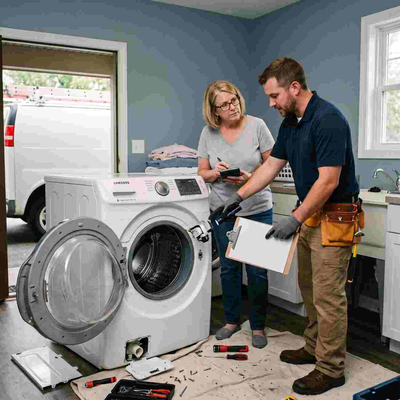Technician discussing a Bosch washing machine repair with a customer