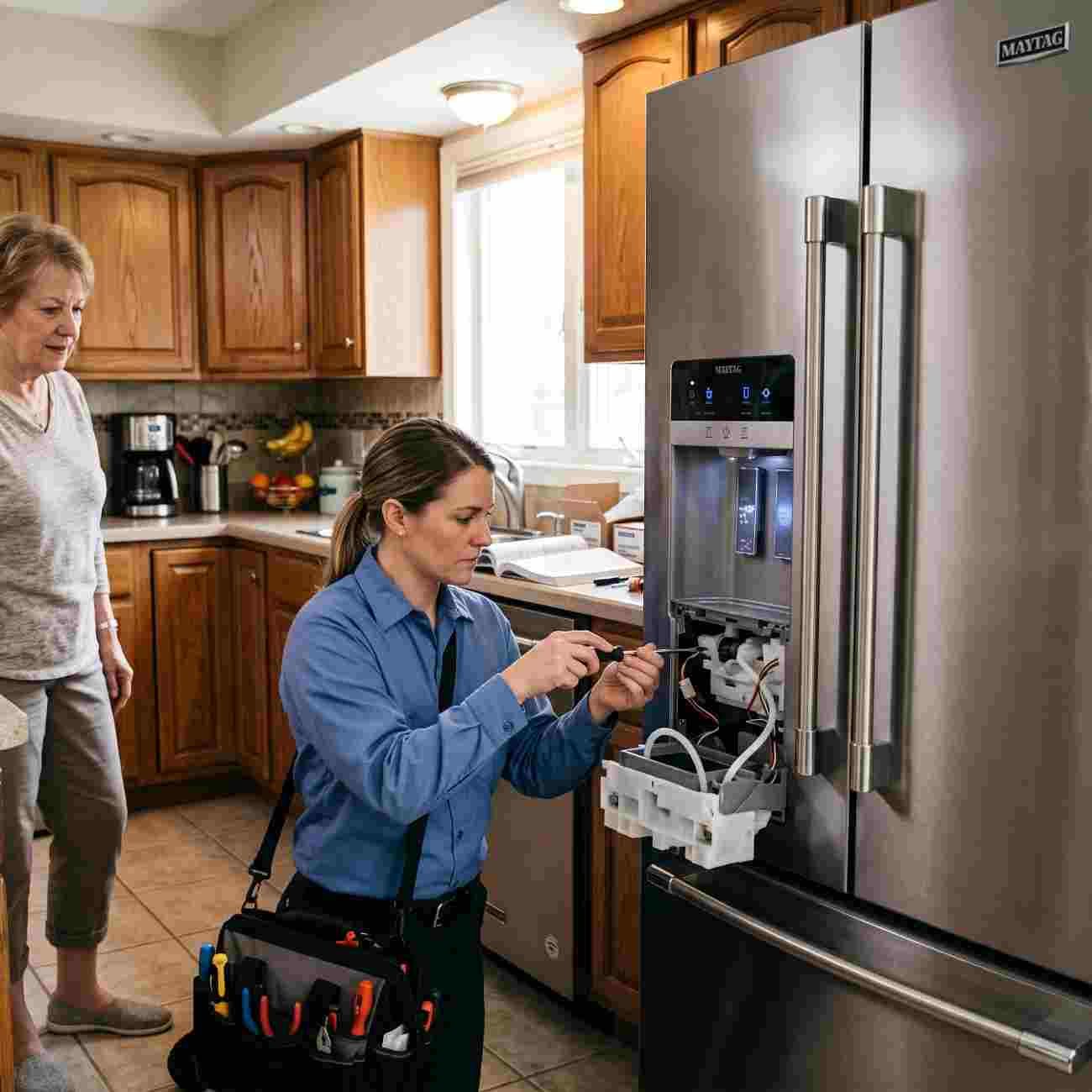 Technician repairing a Maytag refrigerator ice maker and water dispenser
