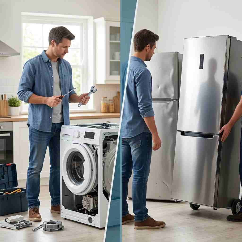 Homeowner deciding whether to repair or replace a faulty appliance