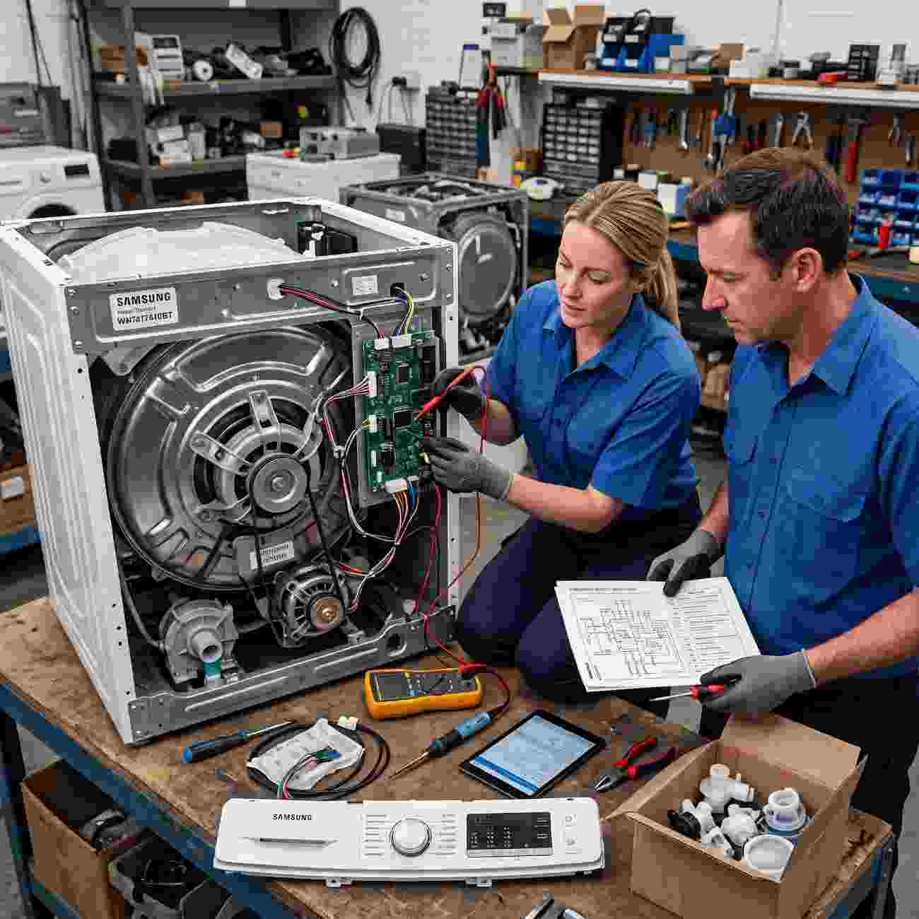 Technicians testing a Samsung washing machine control board on the workbench