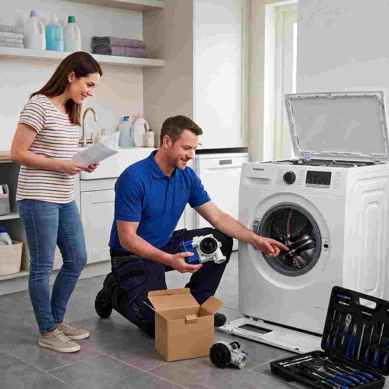Technician showing a customer a replacement Samsung washing machine drain pump