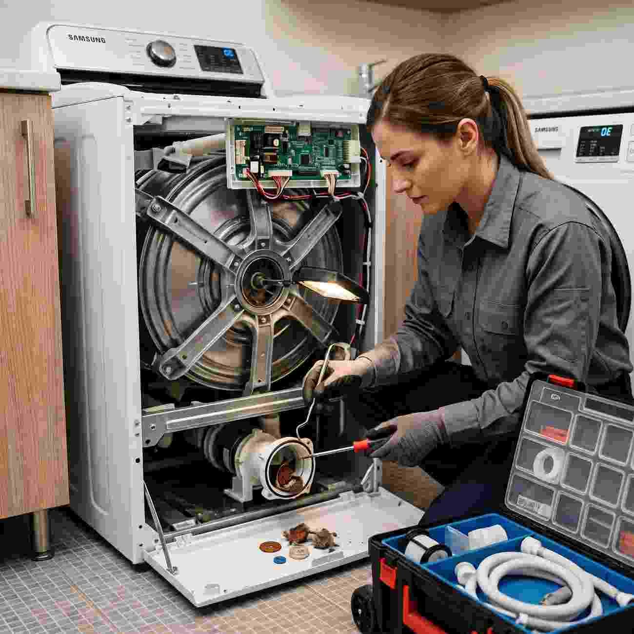 Technician performing a close-up diagnostic repair on a Samsung washing machine