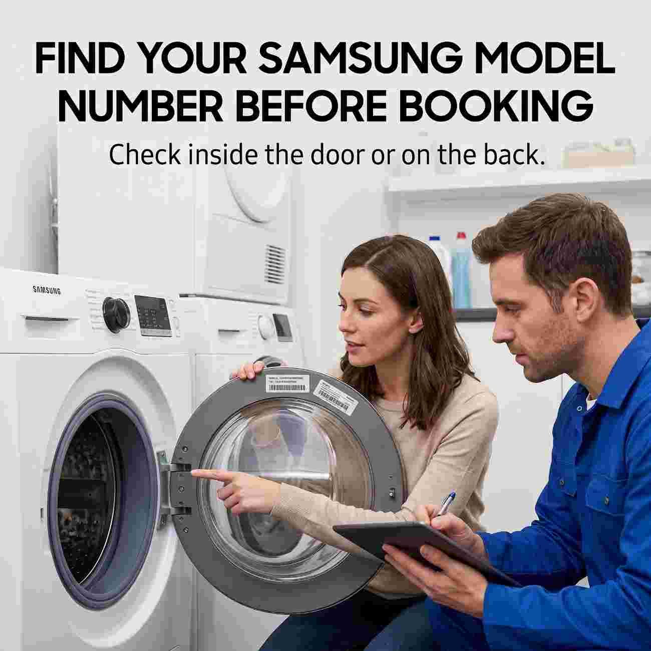 Technicians checking the model number label inside a Samsung washing machine door