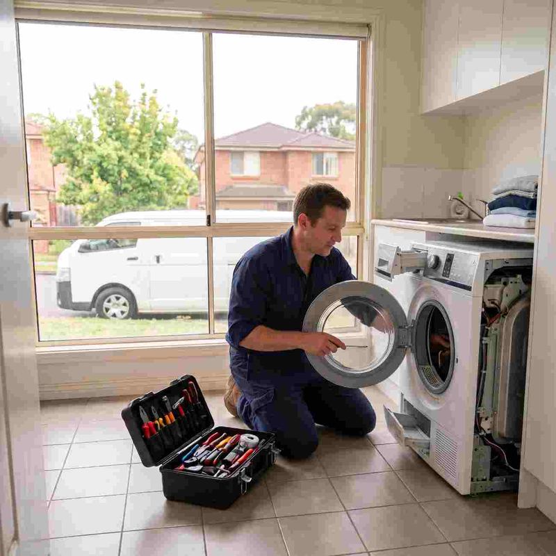 Technician repairing a front-load washing machine in a Sydney home