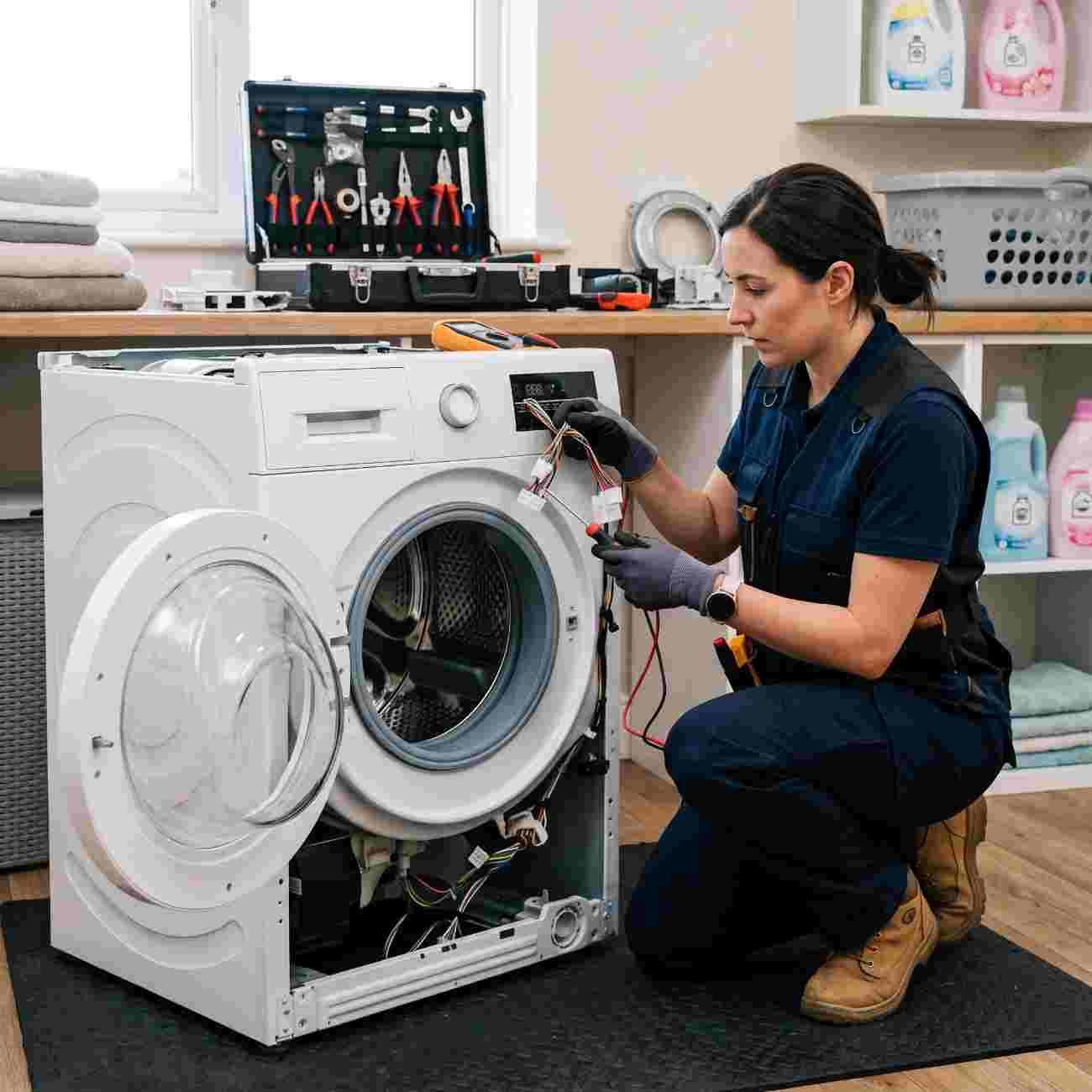 Technician repairing a front loader washing machine in a home laundry