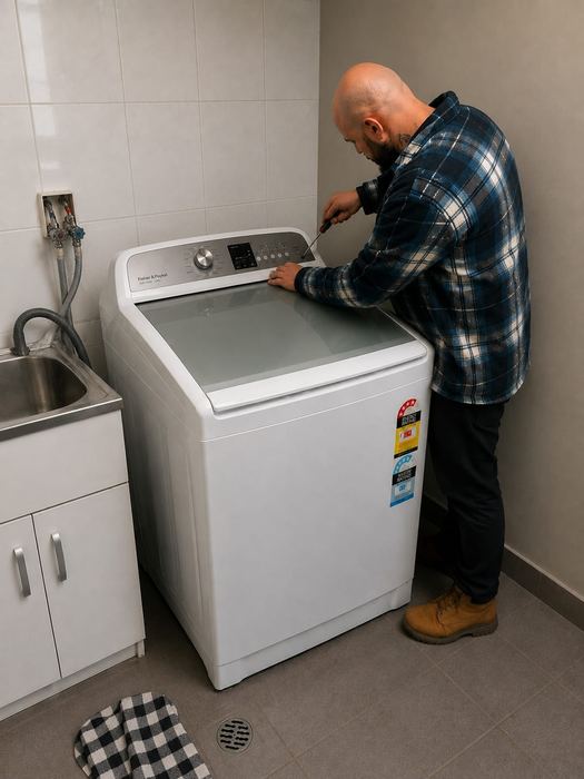 Technician repairing a top-load washing machine control panel